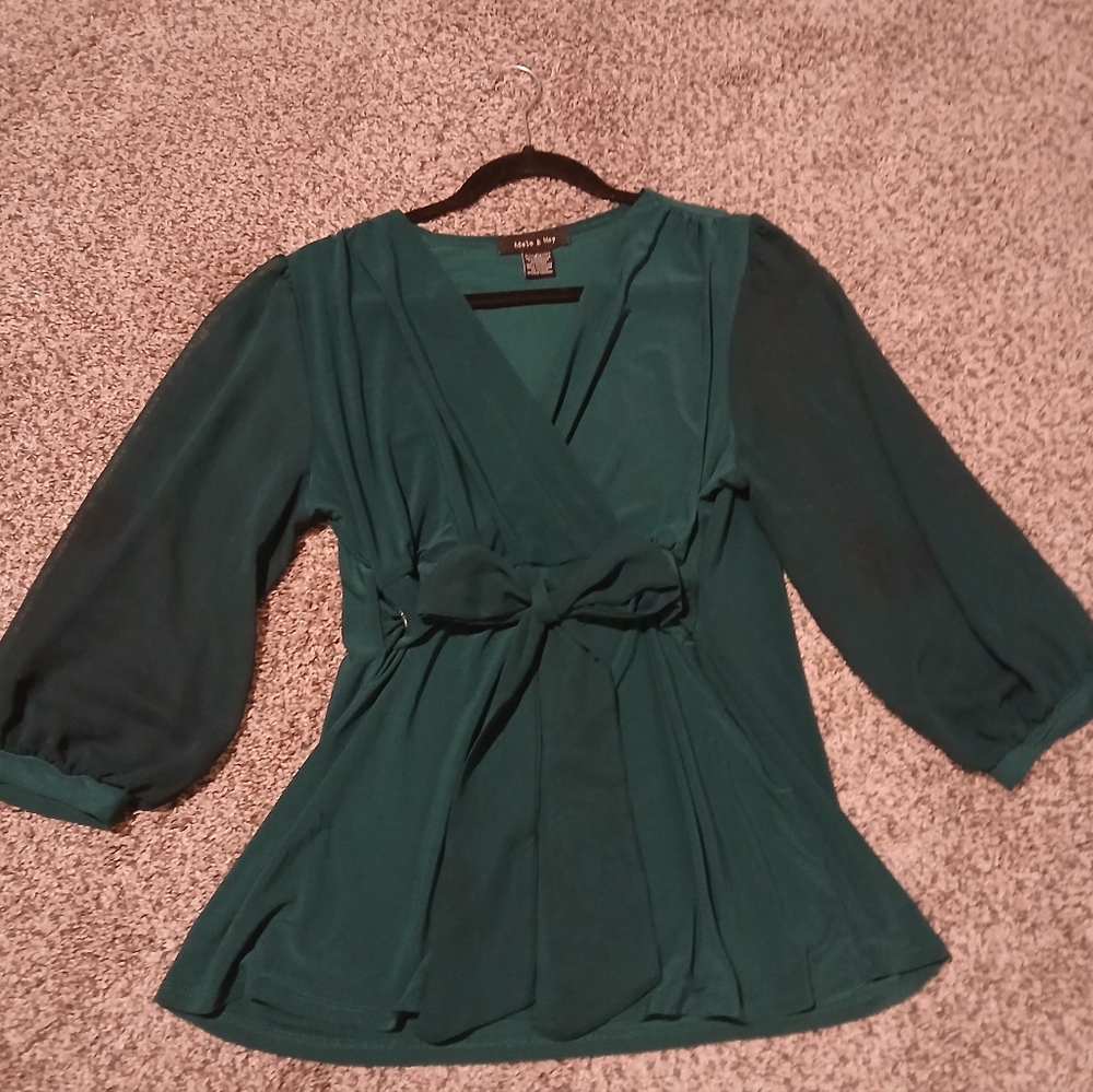 Teal Wrap-Front Blouse with Tie Waist